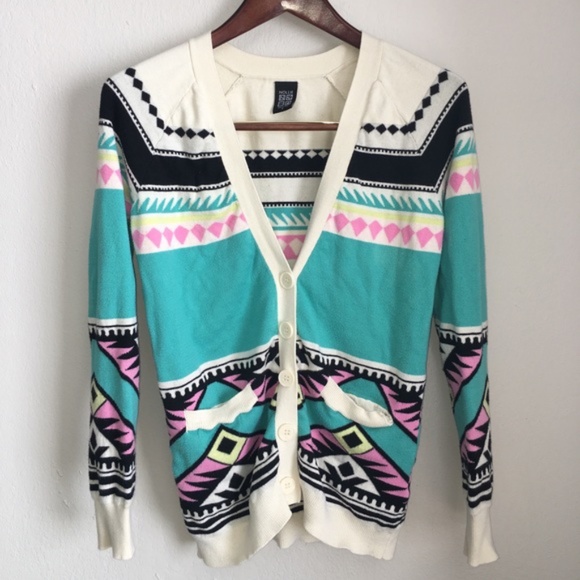 Nollie Geometric Aztec Print Teal Cardigan Juniors Size Small - Picture 2 of 8